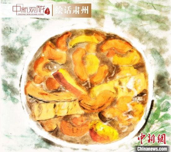 圖為酒泉美食“糊鍋”繪畫作品?！《排d彥 攝