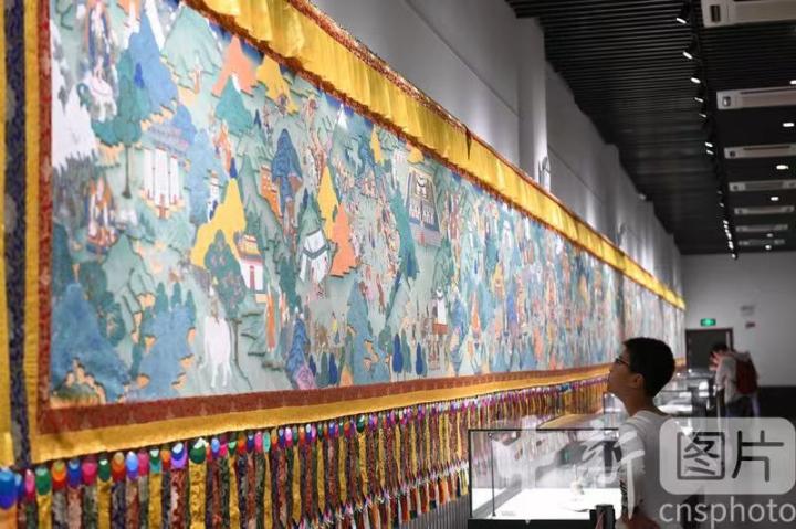 圖為一名小朋友觀看唐卡《涼州會盟》。 中新社記者 戴文昌 攝