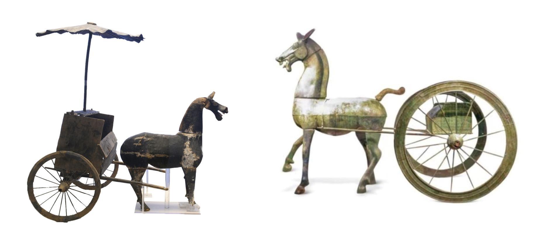 △左為漢代木軺車，藏于青海省博物館；右為東漢銅車馬，藏于黔西南州博物館。