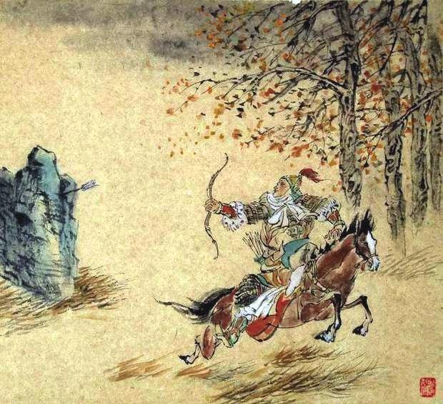 “林暗草驚風(fēng)，將軍夜引弓。”畫作